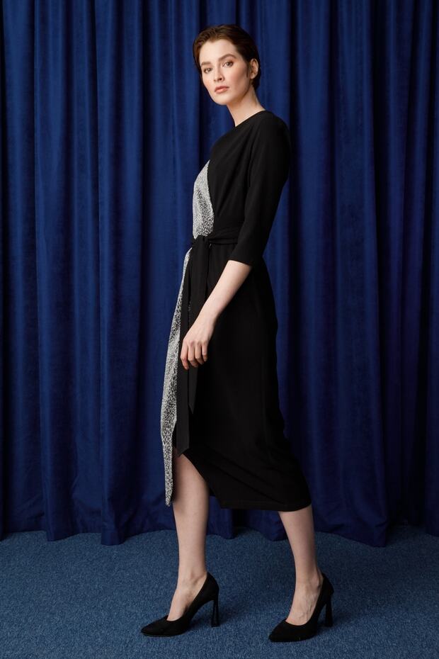 Modailgi Kruvaze Leopar Örmeli Elbıse Siyah-Gri - 3