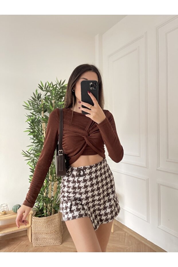 30104 Drape Crop Top-ç. Kahve - 1