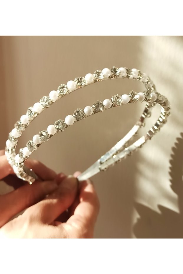 (H)Double Pearl Detailed Crystal Stone Silver Color Women's Crown Hair Band Engagement Wedding Henna