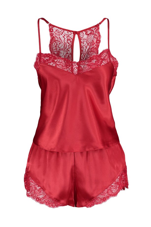 Kırmızı Dantelli İp Askılı Saten Şortlu Dokuma Pijama Takımı THMSS22PT0269 - 8