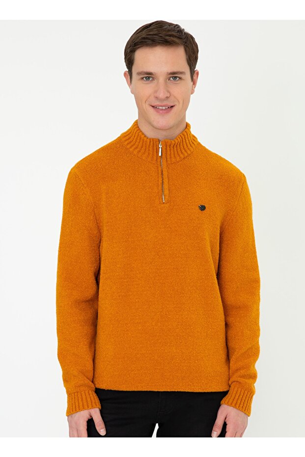 Setafe Stand Collar Standard Fit Yellow Men's Sweater