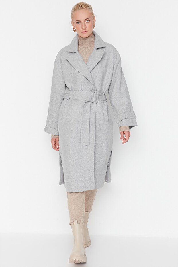 Gray Oversize Wide Cut Belted Long Wool Stamp Coat TWOAW22KB0015