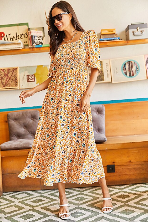 Women's Mustard-Black Elastic Casual Woven Viscose Dress ELB-19001483