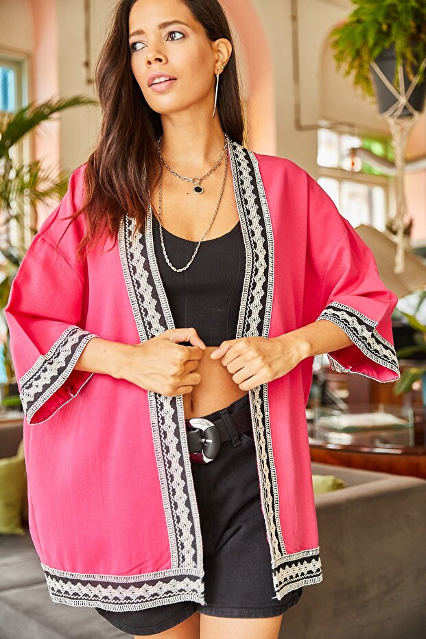 Women's Fuchsia Stripe Detailed Loose Weave Kimono KMN-00000051
