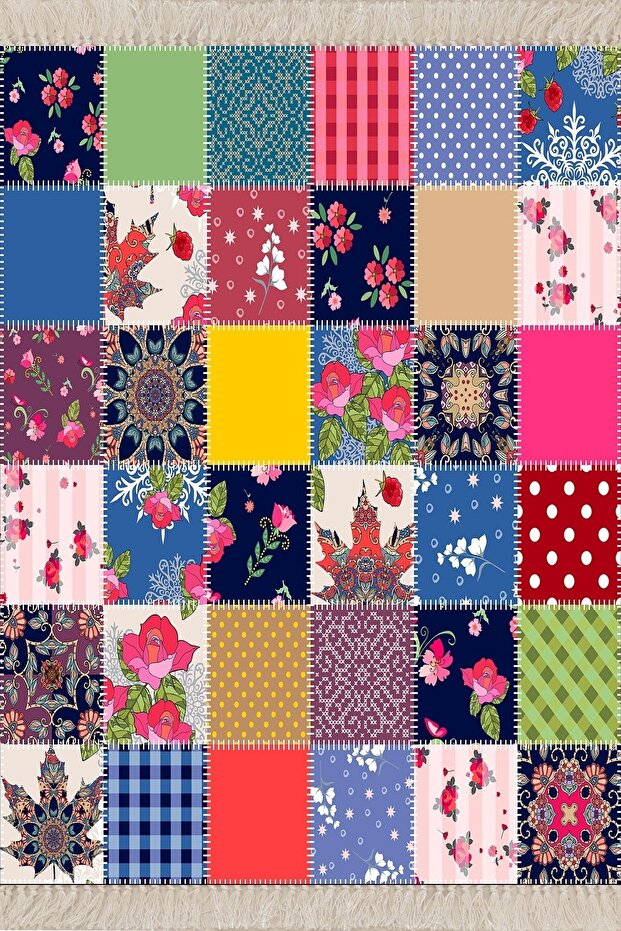 Patchwork Desenli Dijital Baskı Yıkanabilir Kaymaz Taban Etnik Salon Halısı Ve Yolluk - 2