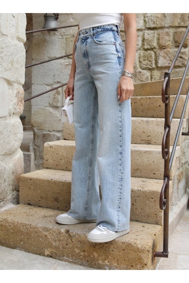 Lycra Women's Ice Blue Super High Waist Wide Leg Jeans Palazzo Trousers