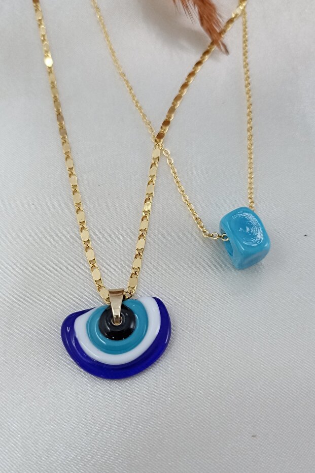 Murano Evil Eye Rainbow - Blue Glass Bead Double Necklace