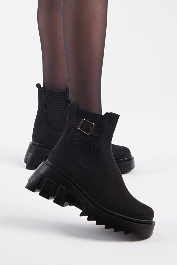 Női fekete velúr elasztikus csatos kényelmes penészcsizma - 4