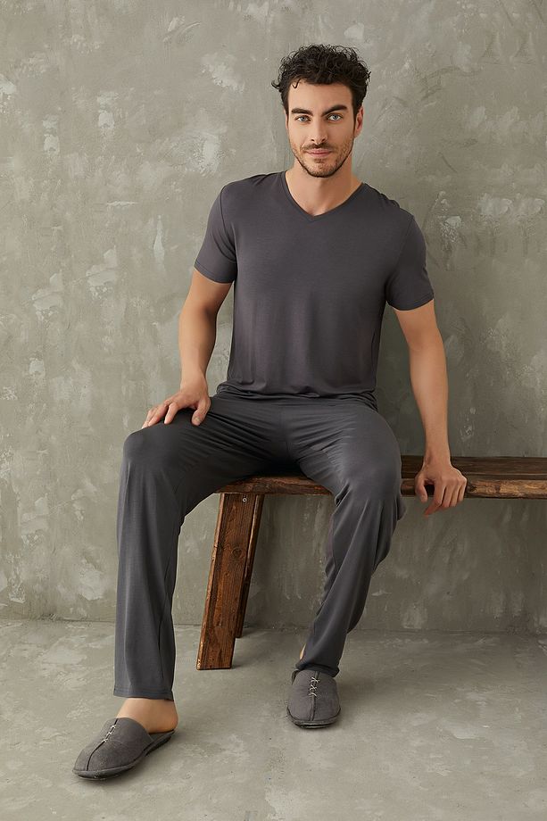Erkek V Yaka Micro Modal Pijama Takım Antrasit 9085 - 3