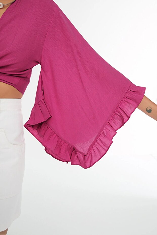 Fuşya Dokuma Volanlı Plaj Crop Bluz TBESS19BB0095 - 3