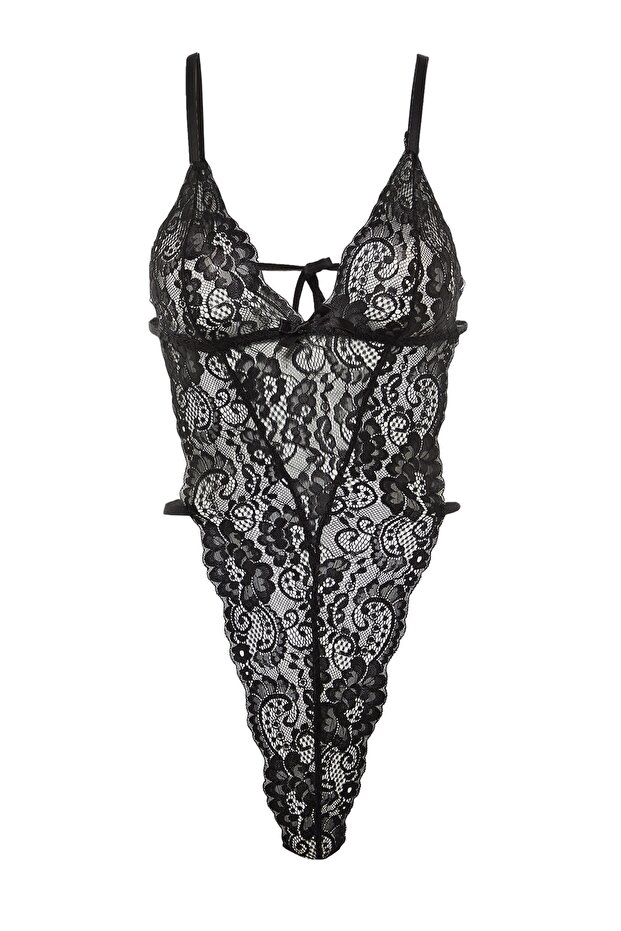 Siyah Dantelli İp Askılı Çıtçıtlı Örme Body THMAW23BD00008 - 8
