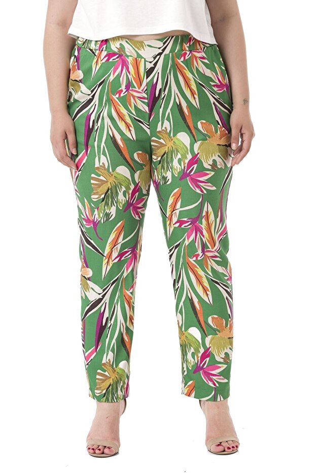 Plus Size Green Trousers - Side and Back Elastic, Pocket, Leaf Print