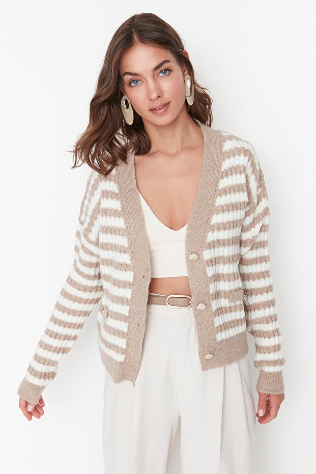Camel Yumuşak Dokulu Çizgili Triko Hırka TWOAW23HI00266 - 1