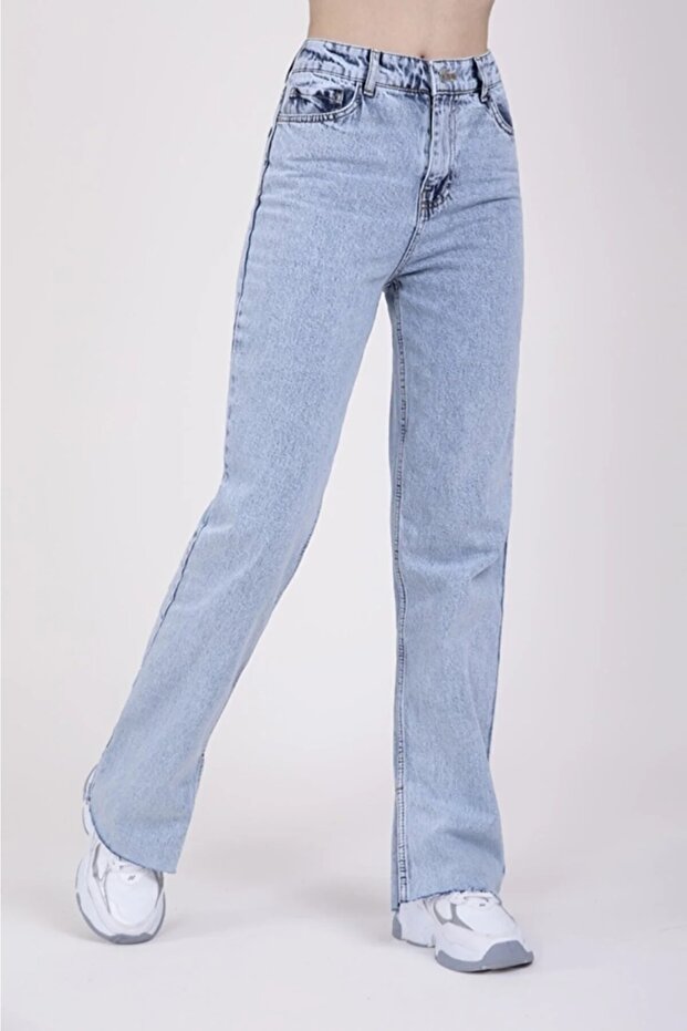 Mavi Yırtmaçlı Yüksek Bel Slim Ispanyol Salaş Jeans - 2