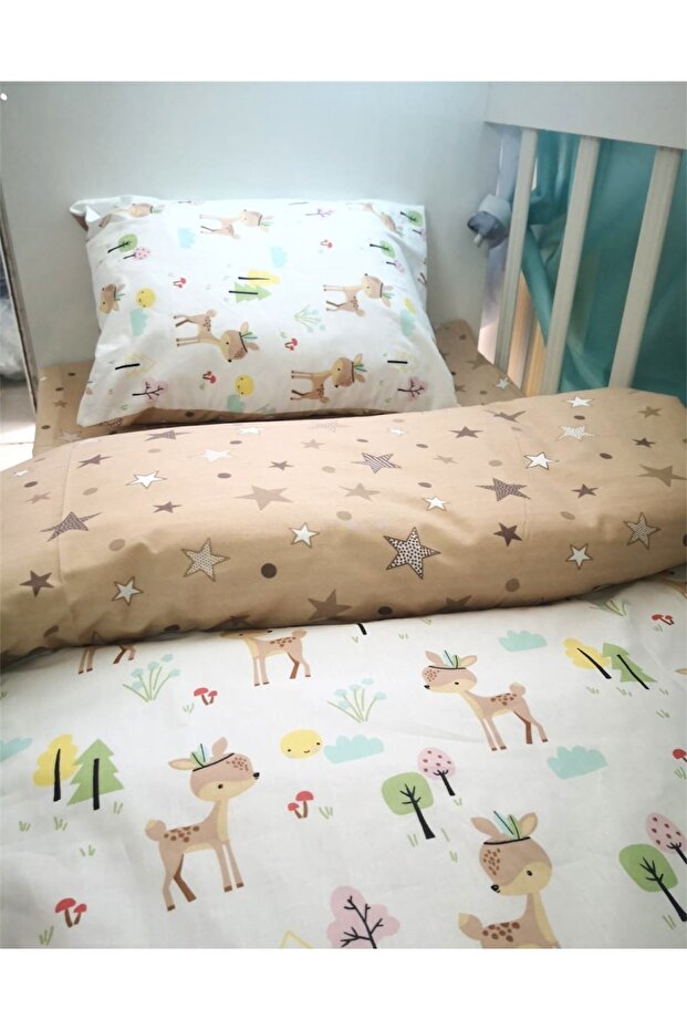 100% Cotton Children's Pillow Sheet Quilt Karaca Brown Star 100x200 Montessori