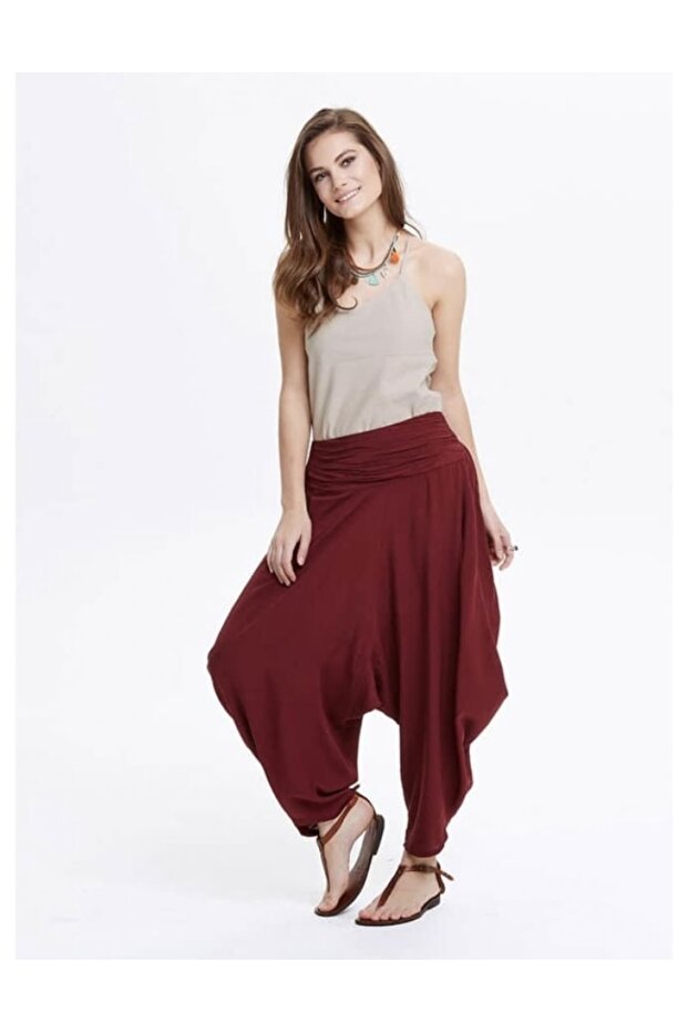 Drape Waist Detailed Flowing Burgundy Shalwar Trousers
