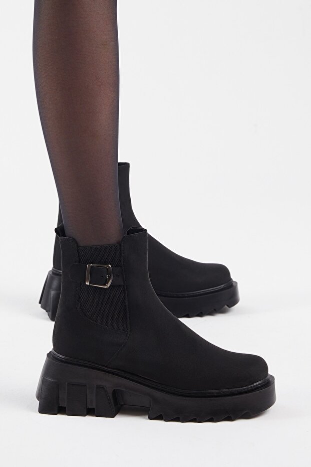 Női fekete velúr elasztikus csatos kényelmes penészcsizma - 2