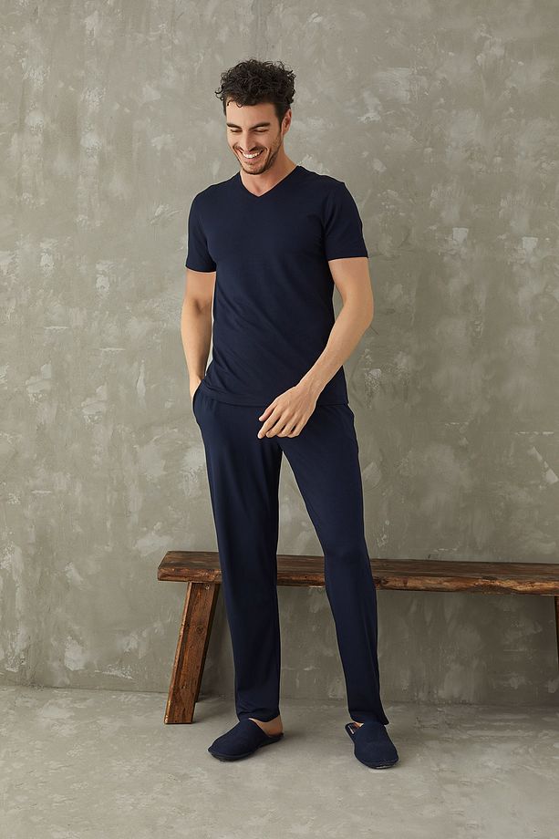 Erkek V Yaka Micro Modal Pijama Takım Lacivert 9085 - 1