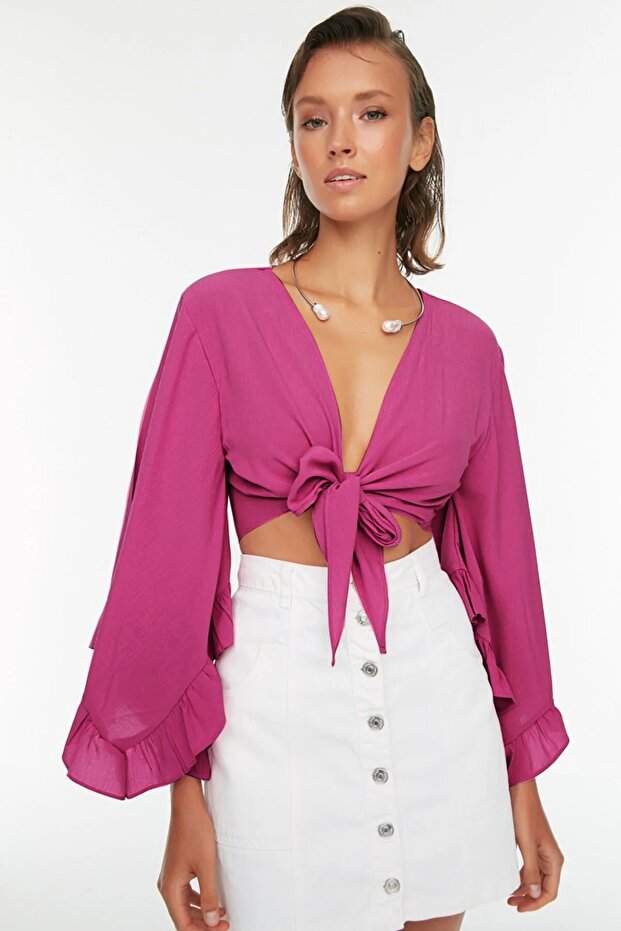 Fuşya Dokuma Volanlı Plaj Crop Bluz TBESS19BB0095 - 5