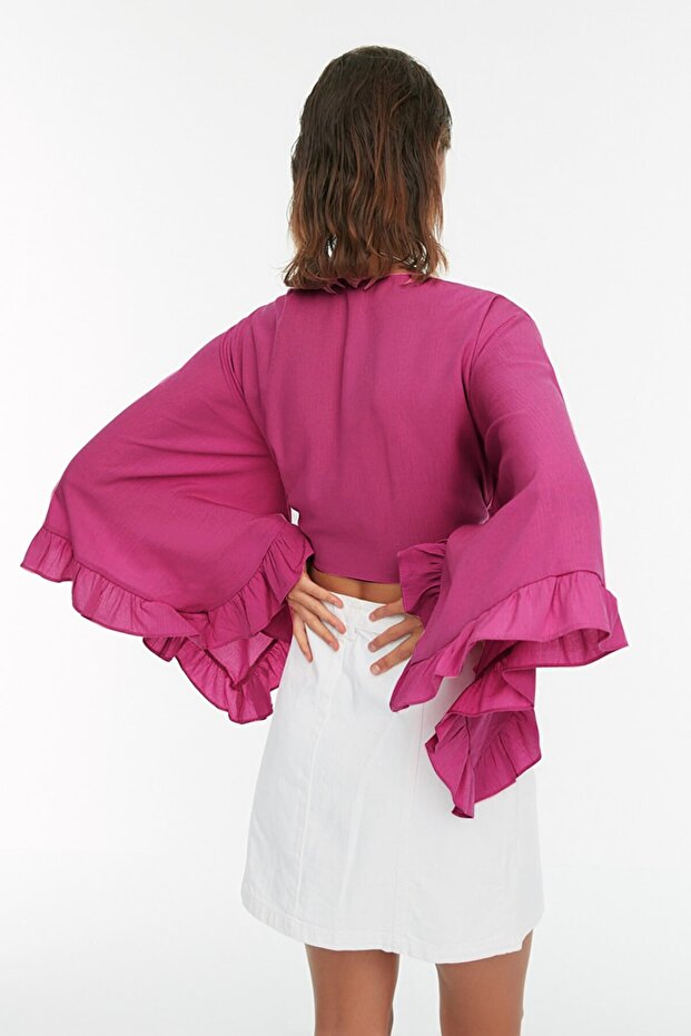Fuşya Dokuma Volanlı Plaj Crop Bluz TBESS19BB0095 - 4