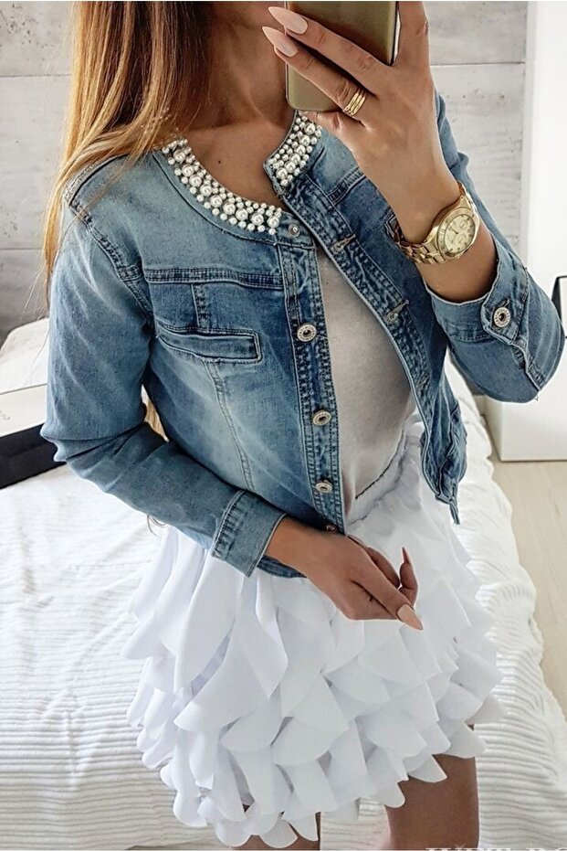 Pearl Detailed Denim Jacket Sports Denim Jacket Blue Denim Jacket