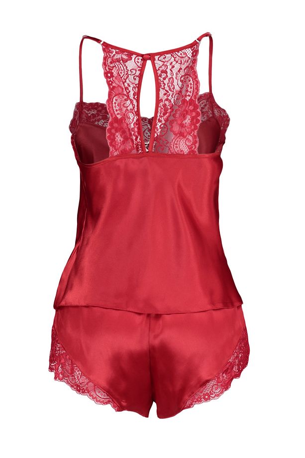 Kırmızı Dantelli İp Askılı Saten Şortlu Dokuma Pijama Takımı THMSS22PT0269 - 6