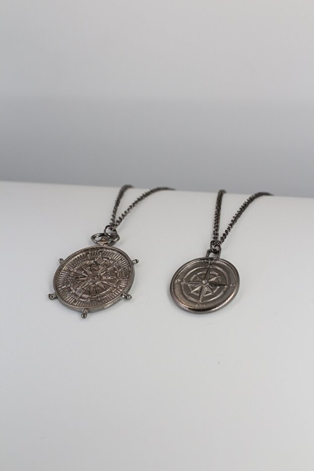 Set of 2 Antique Compass and Small Compass Metallic Black Necklace