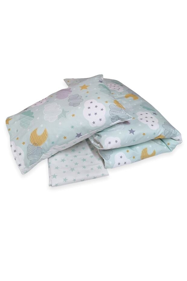 Bebek Özel Pamuklu Çocuk Genç Tek Kişilik Nevresim Takımı Yeşil Ay Yıldız - 2