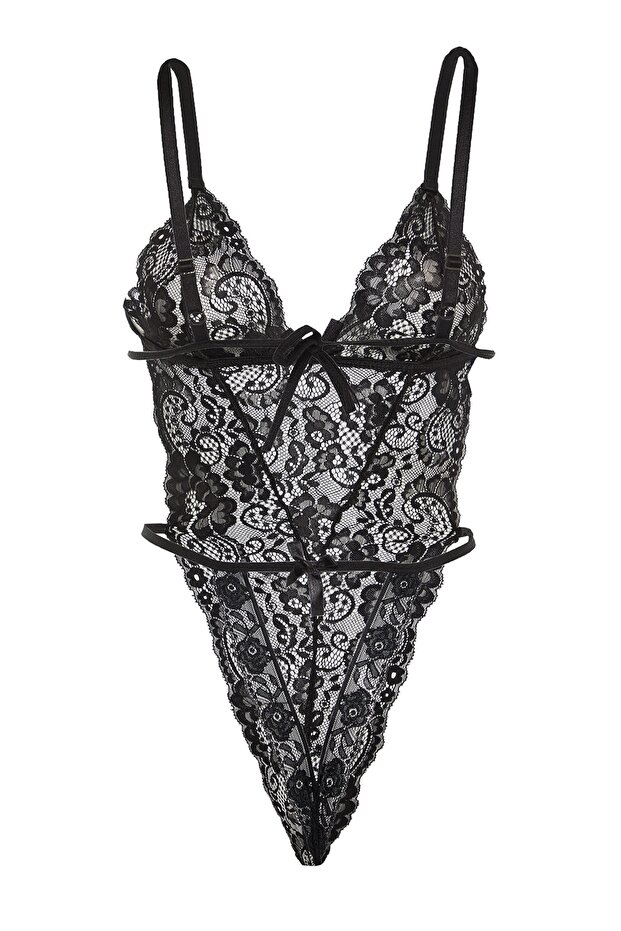 Siyah Dantelli İp Askılı Çıtçıtlı Örme Body THMAW23BD00008 - 6