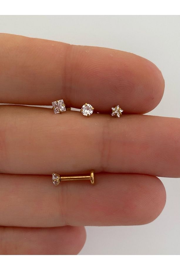 Cerrahi Çelik Tek Taş 3 Lü Piercing Set - 1