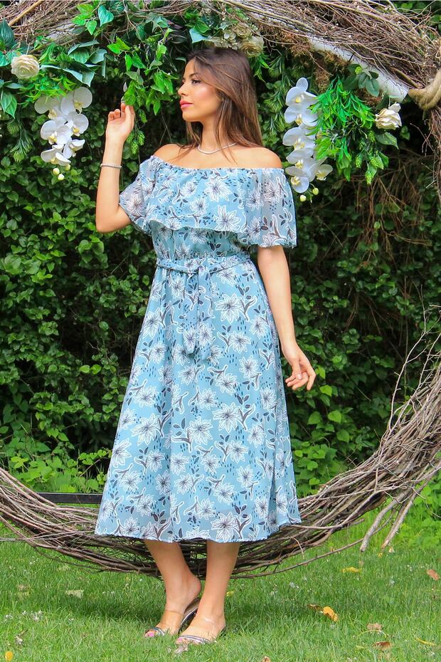 Women's Mint Carmen Collar Floral Midi Length Chiffon Dress Nb10037