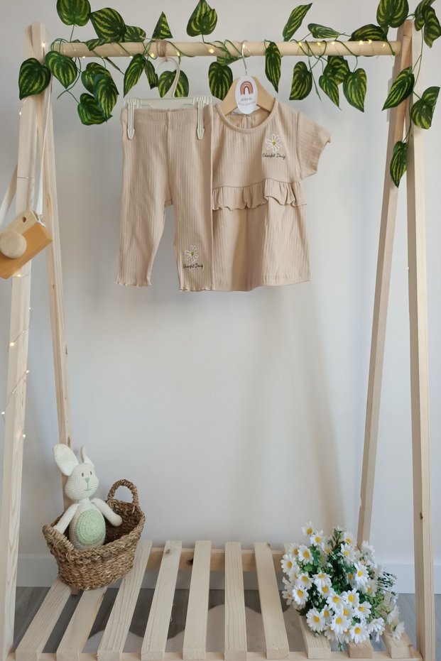 Floral Embroidered Corduroy Girl's Top and Bottom Set