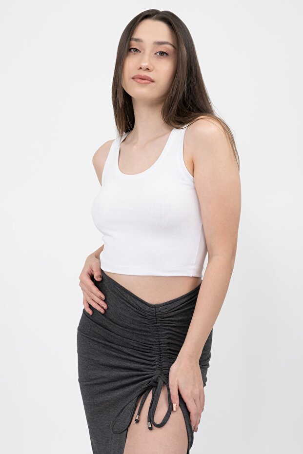 Kadın Beyaz Pamuklu Basic Örme Crop Atlet - 2