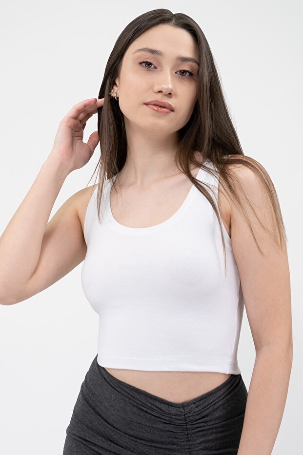 Kadın Beyaz Pamuklu Basic Örme Crop Atlet - 3