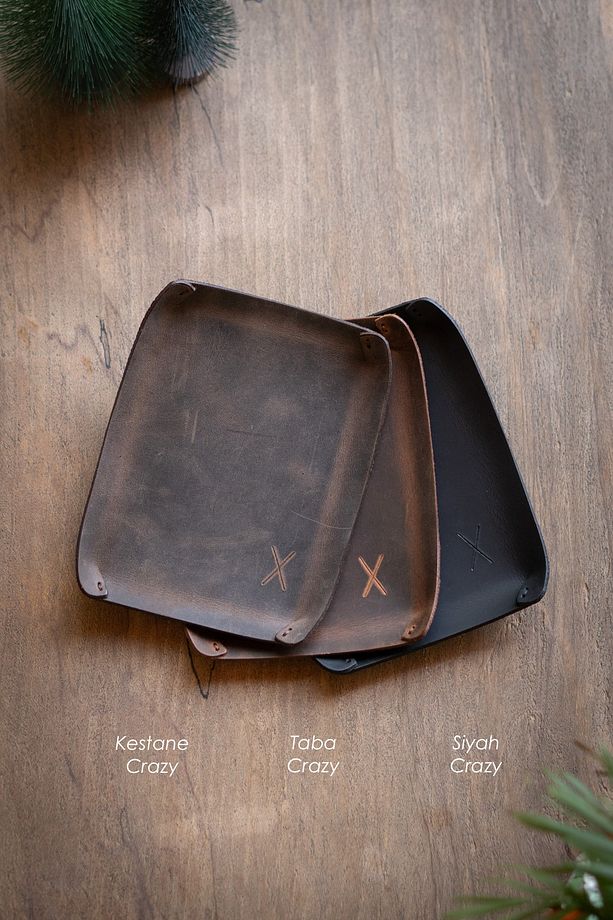Deri Tepsi (küçük) Masaüstü Organizer Taba Crazy - Gerçek Deri & El Yapımı - Minimalist Tasarım - 4