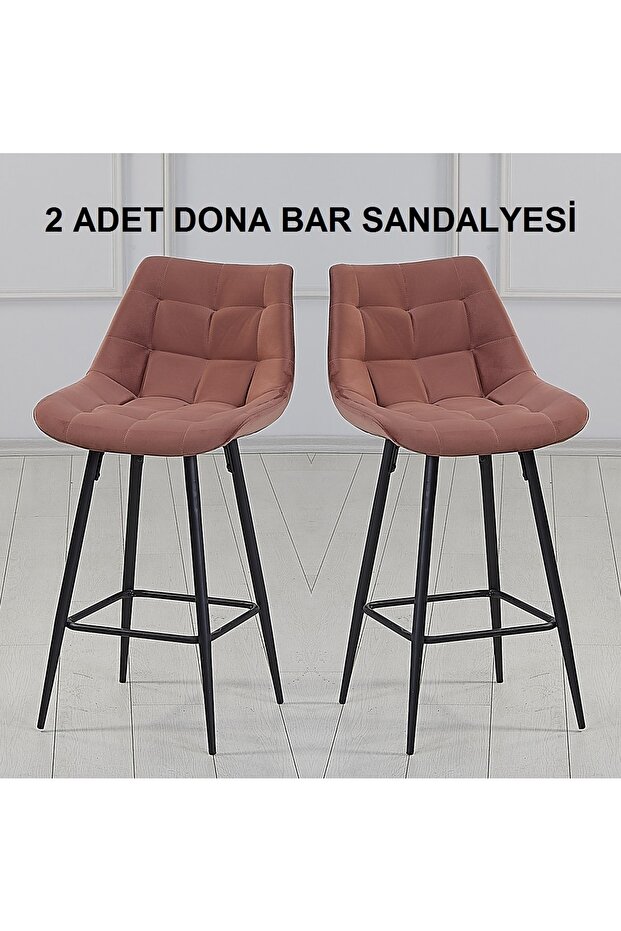 2 Adet Dona Ada Mutfak Ve Bar Sandalyesi - Bar Taburesi - Silinebilir Babyface Kumaş - Metal Ayak - 1