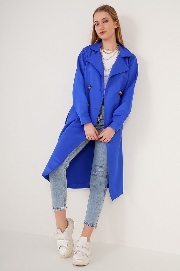 5853 Kruvaze Yaka Trençkot - Saks - 5