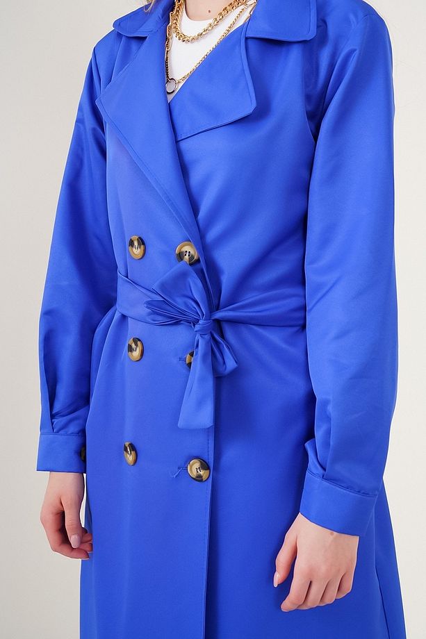 5853 Kruvaze Yaka Trençkot - Saks - 6