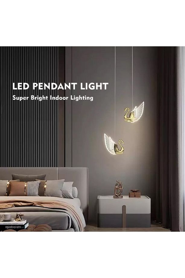 Luxury Tekli Sarkıt Kuğu Led Avize Swan Gold Sarı Ledli Avize - 5