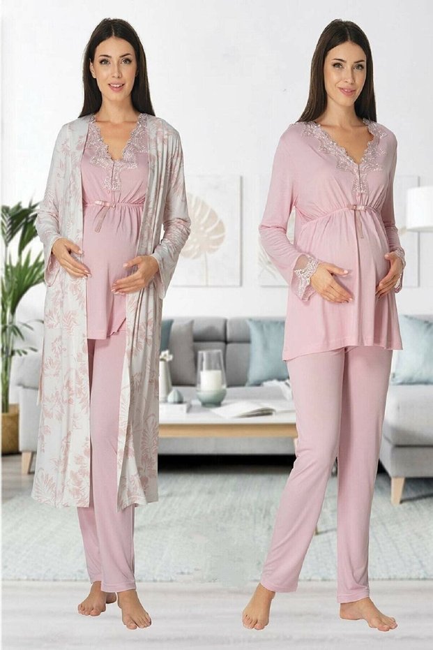 Effortt Women's Pink Maternity Pajama Set with Robe