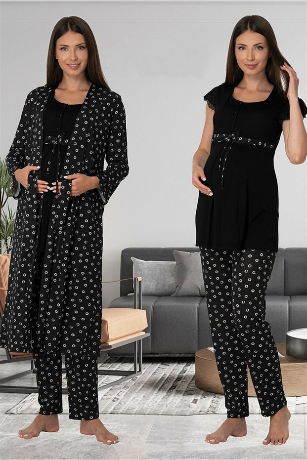 Effortt Women's Black Maternity Pajama Set with Robe