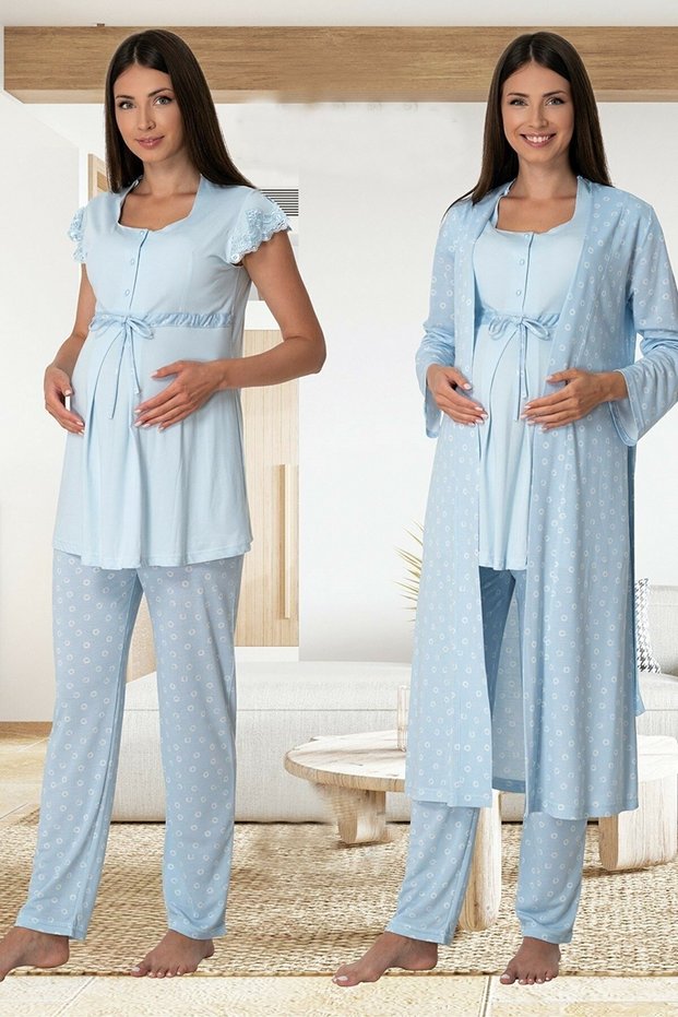 Effortt Women's Blue Maternity Pajama Set with Dressing Gown