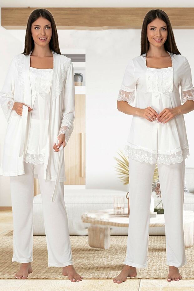 Effortt Women's Ecru Maternity Pajama Set with Robe