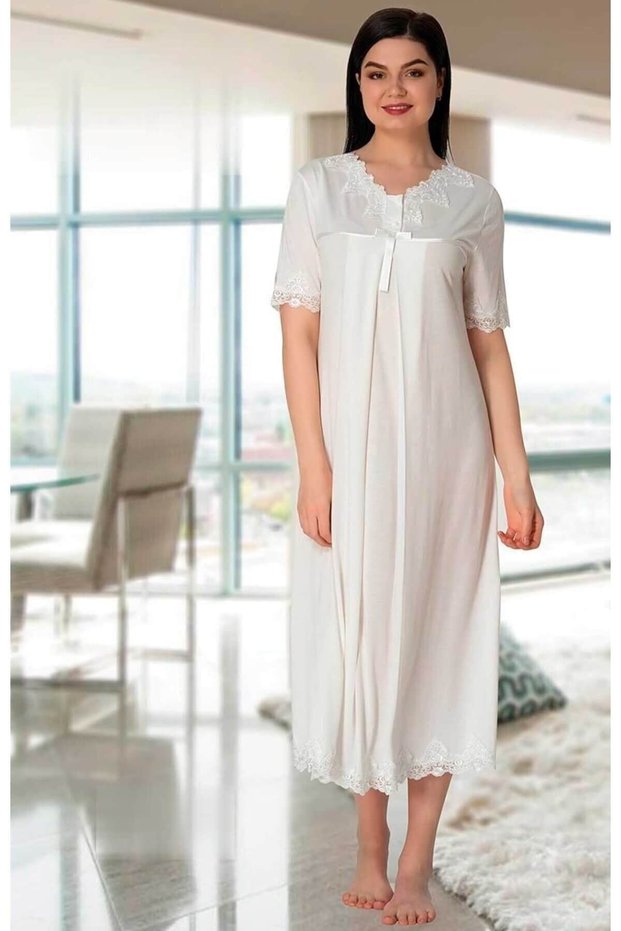 Effortt Women's Ecru Short Sleeve Lace Maternity Maternity Nightgown