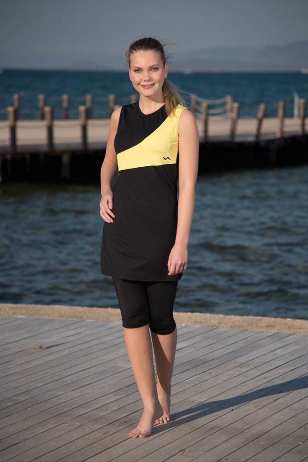 Black/Yellow Sleeveless Tights Dress Swimsuit