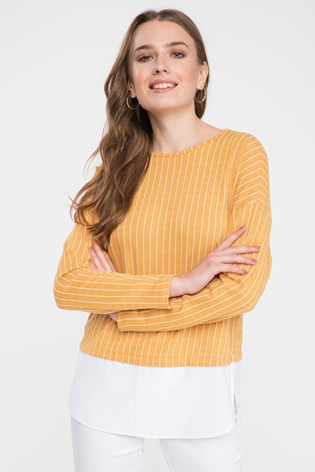 Women's Yellow Shirt Detailed Vertical Stripes Tunic K3045Az19Sp