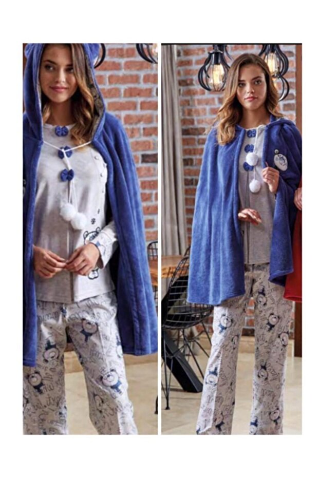 4611 Blue Cloaked Maternity 3-Piece Pajamas Dressing Gown Set