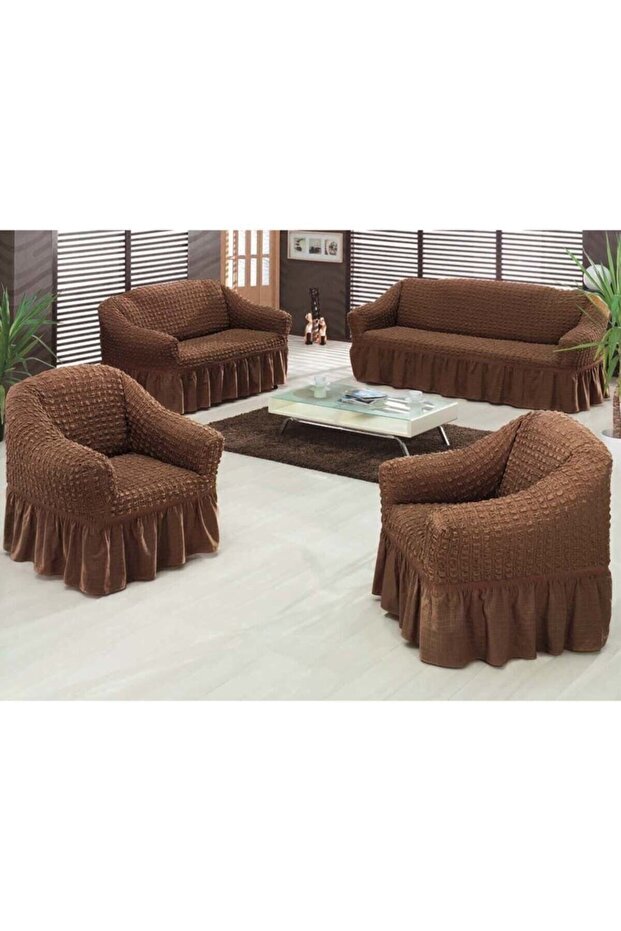 Brown Wrinkled Cotton Sofa Cover with Elastic Skirt 3+2+1+1
