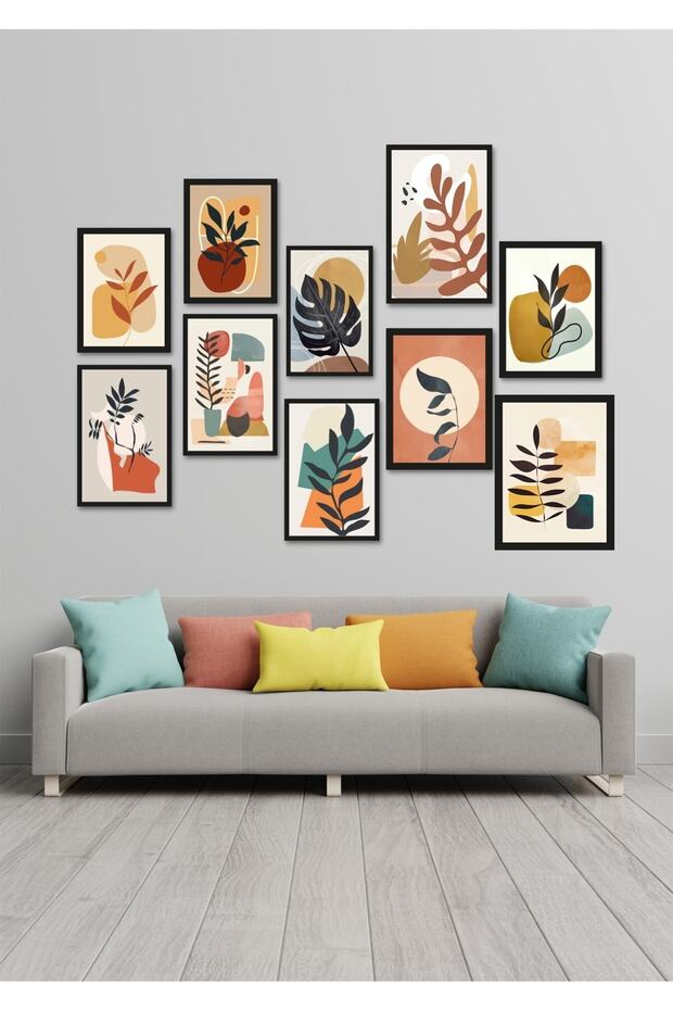 10lu Siyah Çerçeve Görünümlü Bohem Yapraklar Duvar Dekoru Salon Oturma Yatak Odası Için Tablo Seti - 4