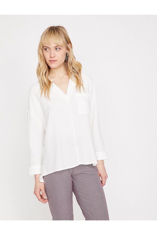 Women's Ecru Long Sleeve V-Neck Pocket Detailed Blouse 9YAK63805EW